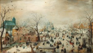 Paesaggio invernale con pattinatori. Circa 1608
