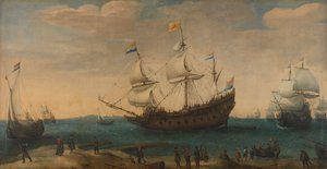 East Indiamen al largo di una costa, c.1600-30