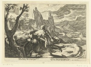 Thisbe fugge da un leone da Hendrick Goltzius (workshop of)