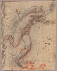 Figura femminile nuda in fuga verso destra con le braccia tese, con schizzo di un busto di figura secondaria (recto); schizzo di una figura femminile nuda inginocchiata, sostenuta da un