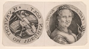 Busto di donna che regge un flauto e strumenti musicali, su un foglio da Hendrick Goltzius