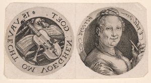Busto di donna che regge un flauto e strumenti musicali, su un foglio da Hendrick Goltzius