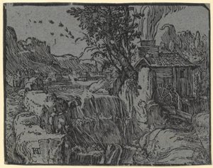 Paesaggio con cascata e mulino, tavola 1 della serie "Quattro piccoli paesaggi" da Hendrick Goltzius