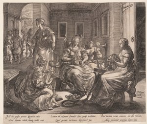 Lucrezia e le sue donne che filano, da La storia di Lucrezia da Hendrick Goltzius