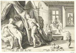 Mercurio entra nella stanza di Herse dopo aver trasformato Agraulos in pietra da Hendrick Goltzius