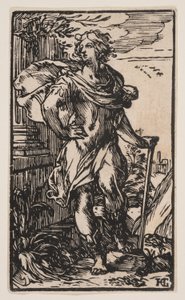 Giovane in piedi con bastone da Hendrick Goltzius