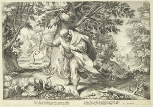 Tiresia colpisce due serpenti accoppiati con il suo bastone da Hendrick Goltzius