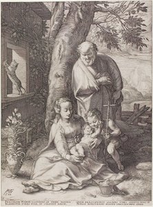 La Sacra Famiglia con il piccolo Giovanni Battista, tavola sei da La nascita e la prima vita di Cristo da Hendrick Goltzius