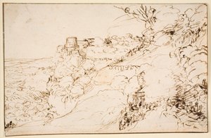 Paesaggio con edificio simile a un castello su uno sperone di montagna