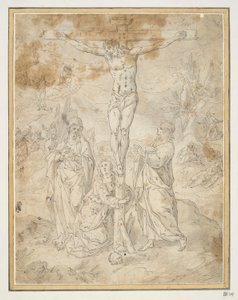 Cristo sulla croce tra la Vergine e San Giovanni con scene della Passione sullo sfondo da Hendrick de Clerck