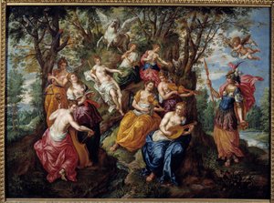 Visita di Minerva alle Muse. Dipinto di Hendrick de Clerk (1570-1629) (ec.flam.) XVII secolo Chalons Sur Marne. Museo delle Belle Arti. da Hendrick de Clerk