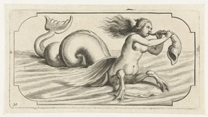Figura femminile che soffia in una conchiglia (Nouveau Livre des Dieux et Deeßes De la Marine Bouckje van Zeegoden en Godinnen) da Hendrick de Keyser (I)