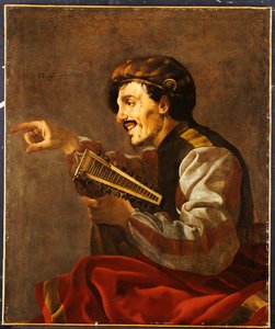 Un liutista seduto che indica da Hendrick ter Brugghen