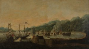 Uno squadrone olandese sotto il comando di Cornelis Simonsz van der Veer che effettua un attacco a sorpresa su tre galeoni portoghesi nella baia di Goa Velha, 30 settembre 1639 da Hendrick van Anthonissen