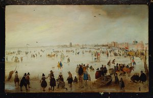 Pattinatori, giocatori di golf, signore e gentiluomini eleganti su acque alluvionali ghiacciate presso la Broederpoort a Kampen da Hendrik Avercamp