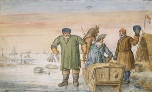 Due vecchi accanto a una slitta che porta gli stemmi di Amsterdam e Utrecht da Hendrik Avercamp