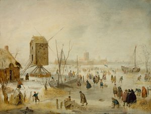 Paesaggio invernale con pattinatori su un fiume vicino a un mulino a vento da Hendrik Avercamp