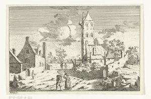 Veduta di villaggio con case e torre su strada sabbiosa con figure da Hendrik Berg
