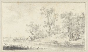Paesaggio con un gruppo di quattro persone, a sinistra bestiame da Hendrik Chalon