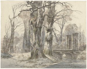 Paesaggio invernale con porta tra gli alberi