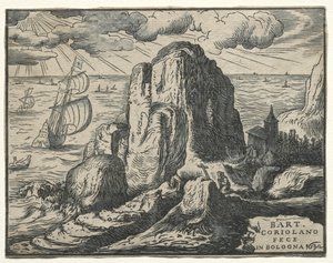 Serie di 4 paesaggi: No. 4 - Scogliera sulla riva del mare da Hendrik Goltzius