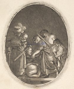Salomè riceve la testa di Giovanni Battista, circondata da tre uomini e un bambino