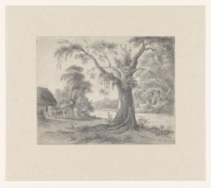 Paesaggio con un albero e capanna con cavallo e carro e due figure da Hendrik Huygens (signed by artist)