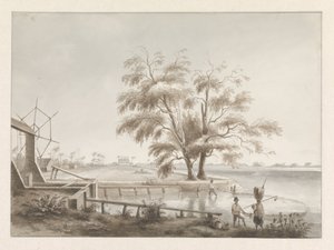 Vista di una piantagione con una chiusa a sinistra da Hendrik Huygens