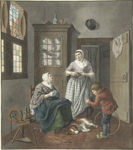 Interno con donna che cuce, domestica e bambino che gioca da Hendrik Jan van Amerom