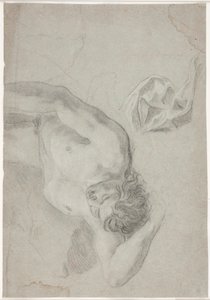 Studio di modello maschile, sdraiato sulla schiena, studio di ginocchio e drappeggio da Hendrik Krock