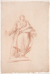 Uomo in piedi con le braccia aperte, su un piedistallo. (Studio di scultura). (Un santo)