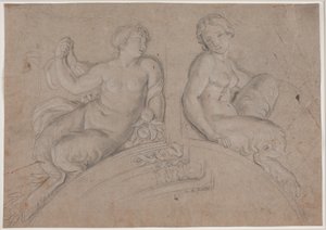 Due figure femminili di satiri (fauni) su un arco segmentato