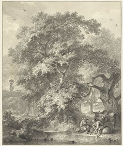Paesaggio boschivo con pastori riposanti vicino a una cascata da Hendrik Meijer