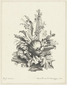 Ornamento con melograno con foglie e obelisco da Hendrik Nieuwenhuysen