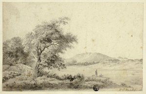 Paesaggio con coppia e cane da Hendrik Pieter Koekkoek