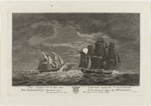 Sextroh insegue la Marianne, 1782 (La caccia alla nave inglese The Marianne Capt. Phielskerk da parte del corsaro di Zierikzee Capt. J:W:Sextroh la sera del 20 novembre 1782) da Hendrik Roosing