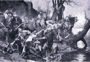 Guerrieri di Sviatoslav al massacro sotto le mura di Drster (Durostorus), illustrazione da Landmarks in European History pubblicata da Gresham Publishing Co, c.1920 da Henryk Siemiradzki