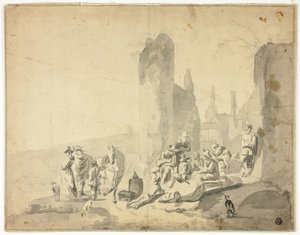 Scena di porto con varie figure da Hendrik Verschuring
