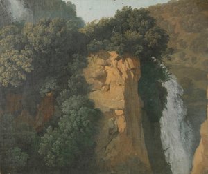 Scogliere ricoperte di vegetazione con una cascata in Italia, forse a Tivoli da Hendrik Voogd (attributed to)