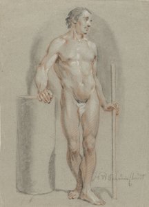 Nudo maschile in piedi, con un bastone in mano, appoggiato a un cilindro da studio da Hendrik Willem Schweickhardt