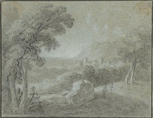 Paesaggio collinare meridionale con una città in lontananza da Hendrik Willem Schweickhardt