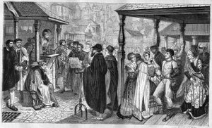 La pubblicazione degli editti di Carlo V ad Anversa: nel 1550, una legge stabilisce che chiunque sia convinto di eresia sarà bruciato o sepolto vivo, o decapitato. Incisione del 1866-1867 basata sul dipinto di Baron Henri Leys (1815-1869) da Hendrik or Henri Leys