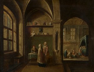 Un interno rinascimentale con figure: La nascita di San Giovanni (c.1600-49) da Hendrik the Younger Steenwyck