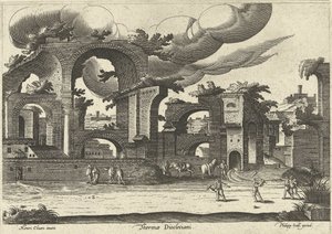 Rovine delle Terme di Diocleziano con due uomini che giocano a croquet in primo piano, 1585 da Hendrik van Cleve III