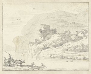Paesaggio montano italianeggiante con pastori e bestiame, e due figure in una barca che attraversano il fiume da Hendrik van der Straaten (attributed to)