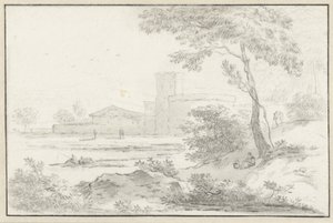 Paesaggio italianeggiante con edificio fortificato sullo sfondo da Hendrik van der Straaten