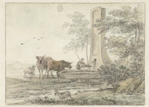 Paesaggio italianeggiante con pastore, bestiame e pecore a una fontana da Hendrik van der Straaten