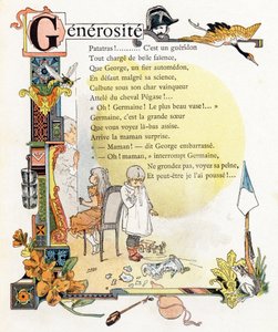 Lettera G Generosità - Gendarme Gru Gruppo Vespa Godets Giroflée Zucca Rana - Incisione in "Alphabet des bons exemples" - Jules Levy, editore - Illustrazioni di Henri Boulanger, alias Henri Gray (1858-1924). Testi (poesie) di Mme P. Boulanger