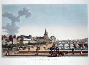 Veduta del mercato dei fiori presso il Palais de Justice, c.1816-20 (incisione colorata)