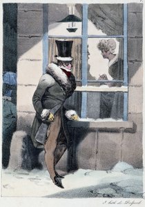 Uomo curioso che guarda fuori dalla finestra dentro una casa: "Ognuno trova il suo piacere dove lo trova" - in "Les pastemps" di Henri Monnier, ed. Delpech, Parigi da Henri Bonaventure Monnier